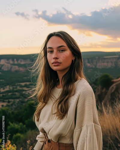 Contemplative Young Woman Overlooking Canyon at Sunset. Generative AI.