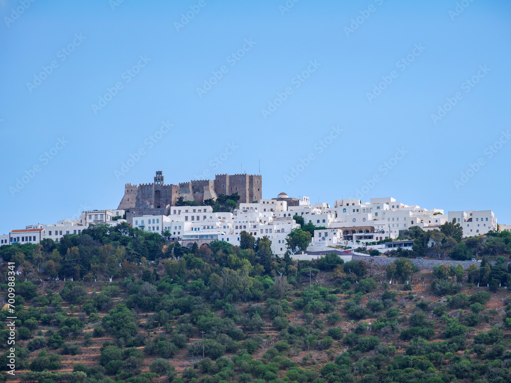 View towards the Monastery of Saint-John the Theologian, Patmos Chora, Patmos Island, Dodecanese, Greece