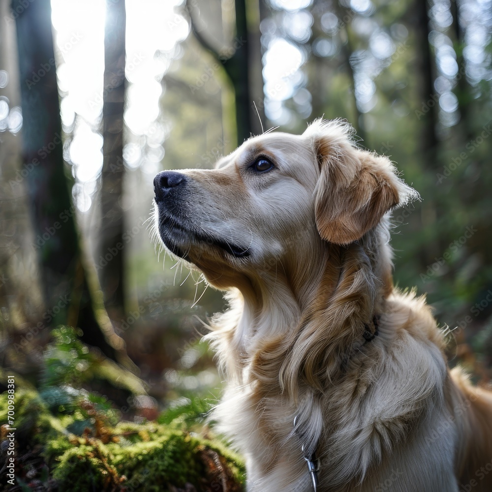 Golden retriever in the forest in spring