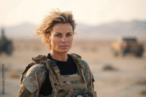Portrait of a beautiful female soldier in the desert at sunset.