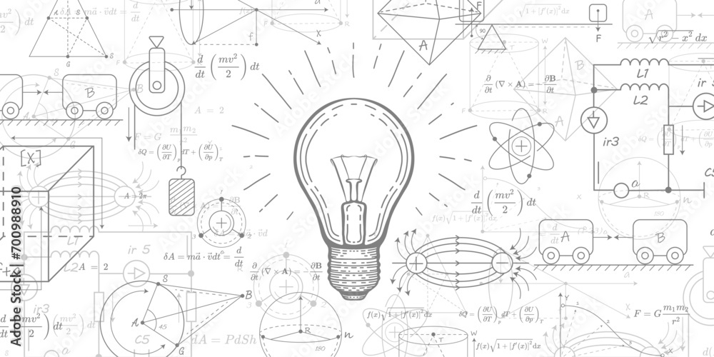 Glowing light bulb concept. School background in physics and mathematics . Formulas and drawings.Vector illustration. - obrazy, fototapety, plakaty 