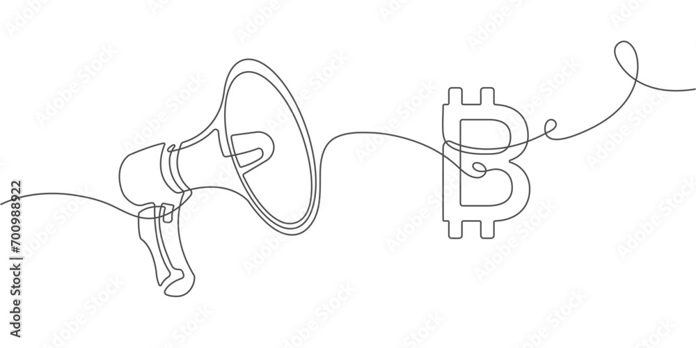 Business idea. Cryptocurrency concept. Bitcoin. Megaphone. Public horn speaker. Vector illustration .