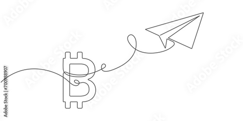 Cryptocurrency concept. Bitcoin. Business idea. Paper airplane .One line drawing. Vector illustration .