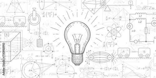 Glowing light bulb concept. School background in physics and mathematics . Formulas and drawings.Vector illustration. photo