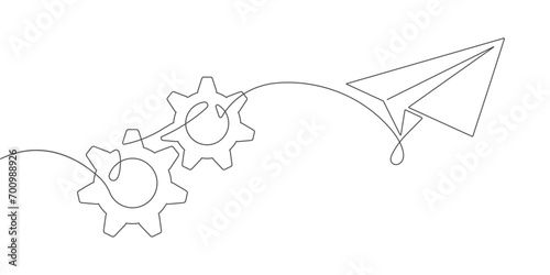 Business concept. Gears. Paper airplane is flying.One line drawing.Vector illustration
