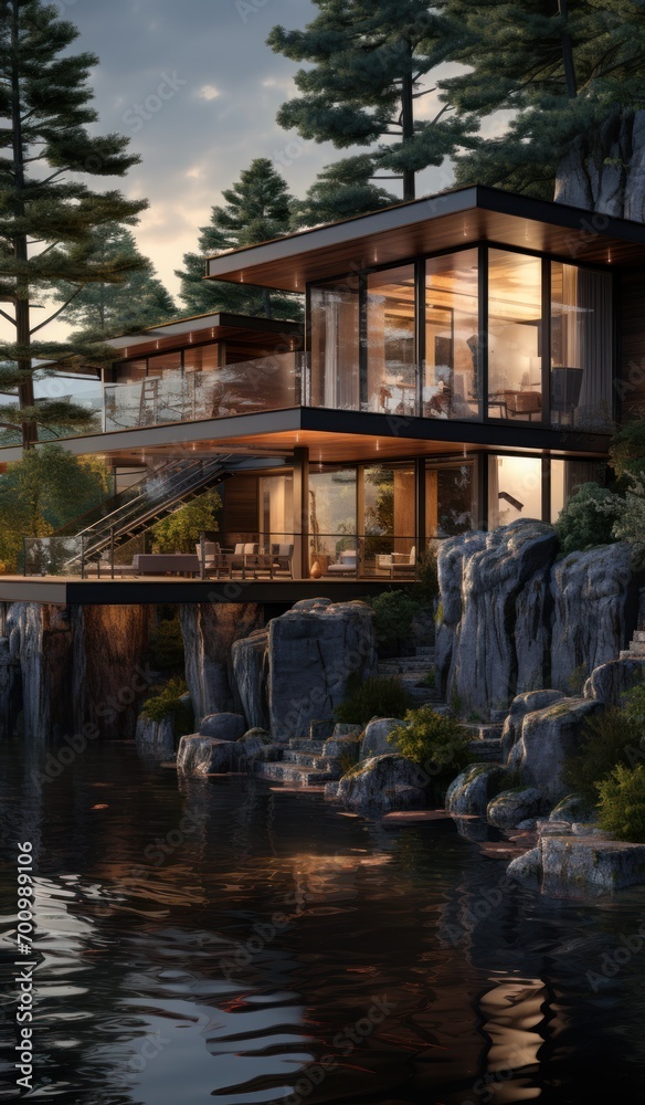 a luxury nordic home with at dawn