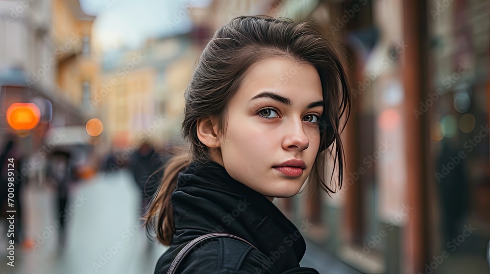 Portrait of a young lady in the city outdoors, dressed in black