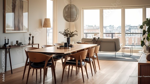 Classic mid-century dining area in a Copenhagen penthouse, featuring iconic chairs, a sleek table, and modern lighting