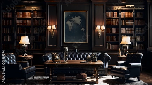 Classic study room adorned with dark wood paneling, leather furniture, and brass accents photo