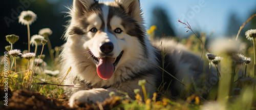 Lovely Alaskan Malamute lying in the grass.