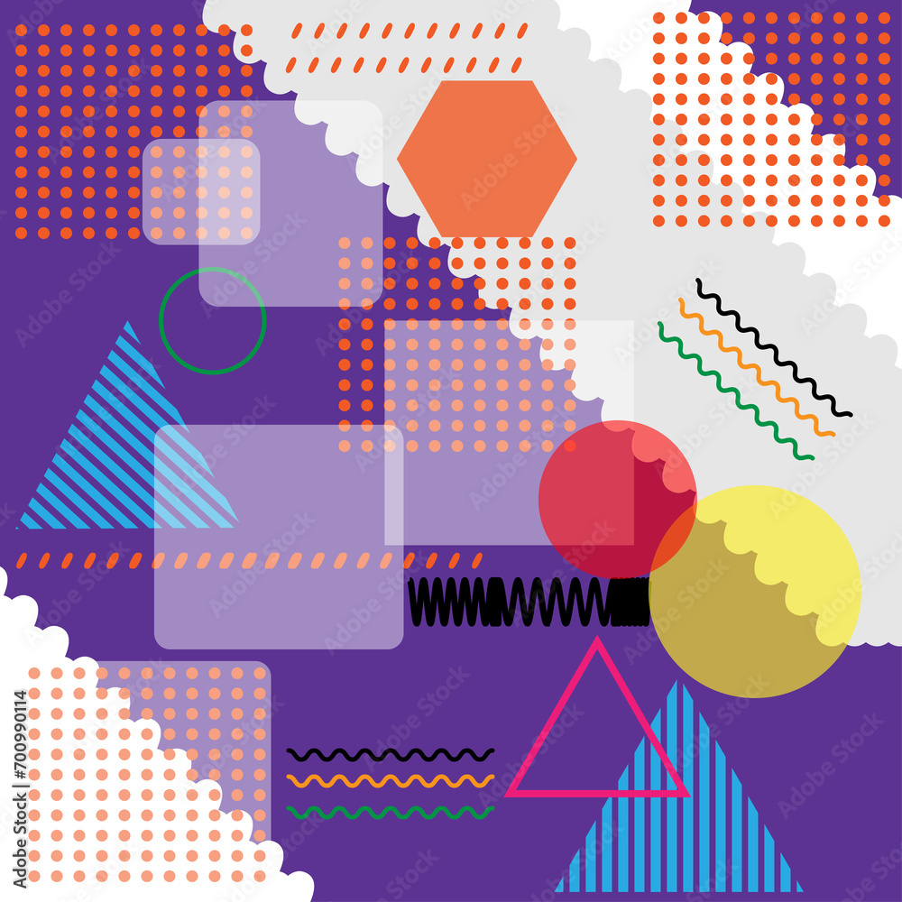 A set of multi-colored geometric shapes with a purple background. A set of multi-colored geometric shapes with a purple background.