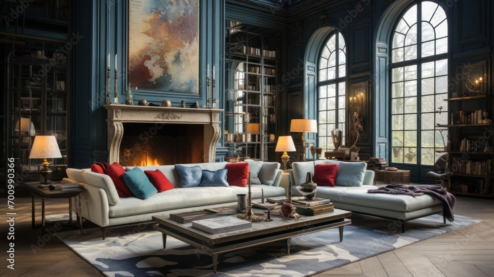 A very large living room with blue couch, red couch and fireplace