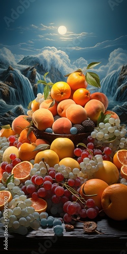 A large array of fruit on the table set on some blue background