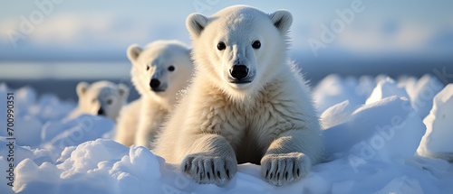 Adorable polar bear cub sitting in the Arctic snow.