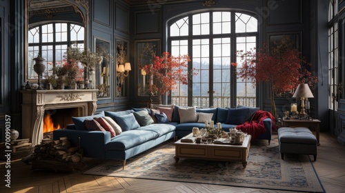 A very large living room with blue couch, red couch and fireplace © vimp