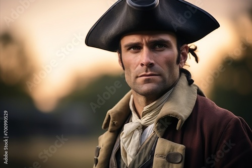 Portrait of a man wearing a pirate costume on a sunset background