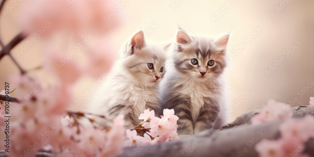 Two cute and playful kittens, one gray and one orange, sitting near a blossoming tree.