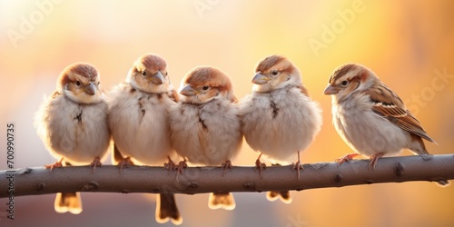 A row of adorable sparrows, fluffy and small, enjoying the sunny outdoors.