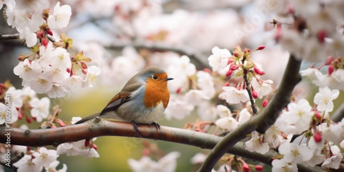 A gentle wildlife scene with a bird on a blossoming cherry tree branch, capturing the beauty of spring.