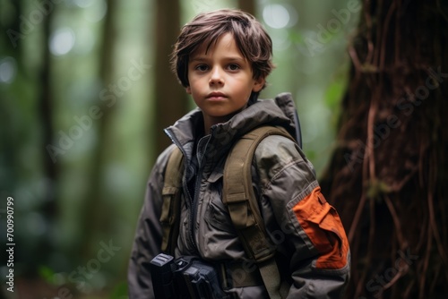 Portrait of a boy with a backpack in the forest. Selective focus.