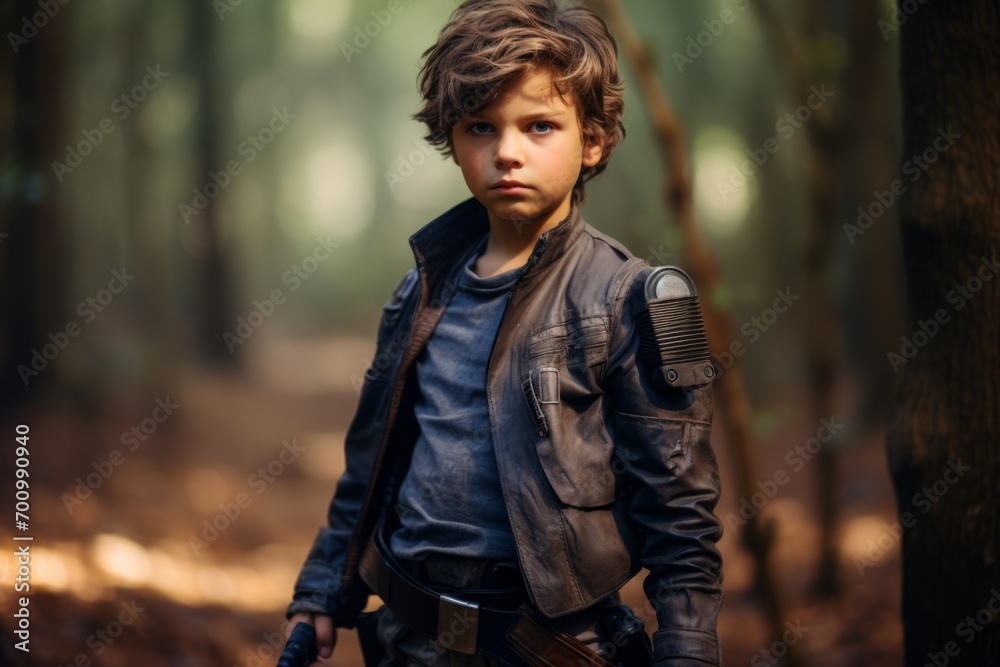 Portrait of a boy in a leather jacket with a gun in the forest Portrait of a boy in a leather jacket with a gun in the forest