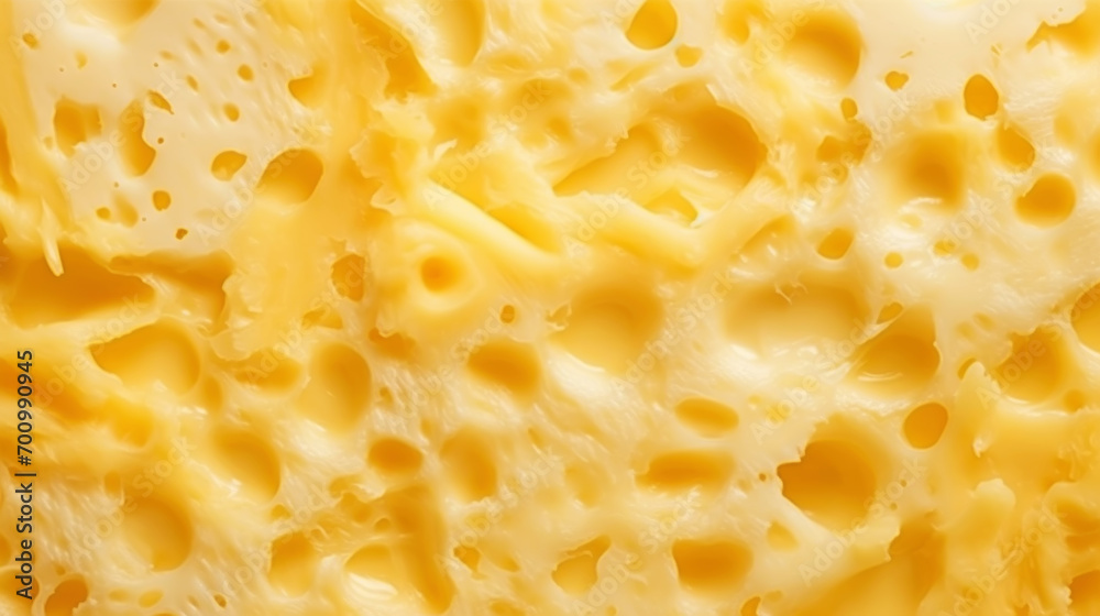 Close-up of cheese slice structure with holes. Food background. Generative AI Close-up of cheese slice structure with holes. Food background. Generative AI