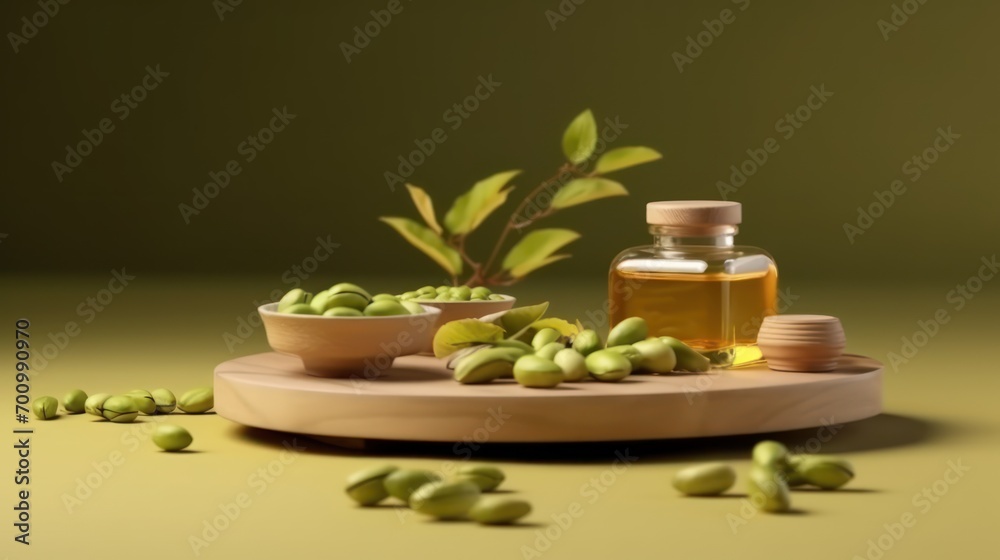 Empty podium for beauty product, Pistachio are spread on side