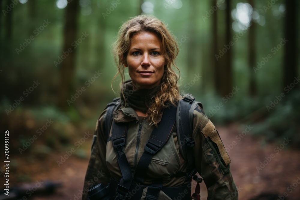 Portrait of a beautiful woman hiker with backpack in the forest