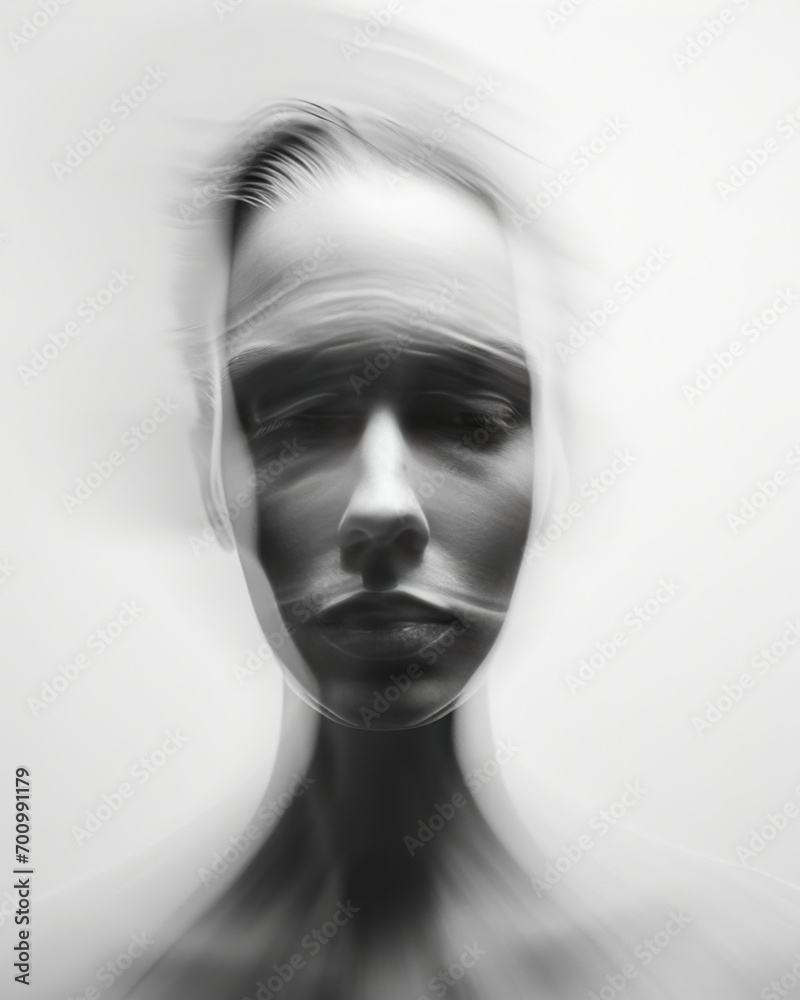 visage d'une femme en noir et blanc dramatique, avec beaucoup de mouvement de flou dans le style du minimalisme abstrait 
