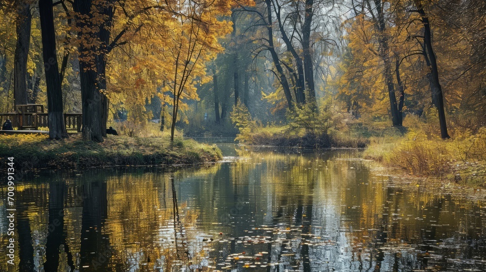 Fototapeta premium Panorama of an amazing autumn scenic with lake landscape