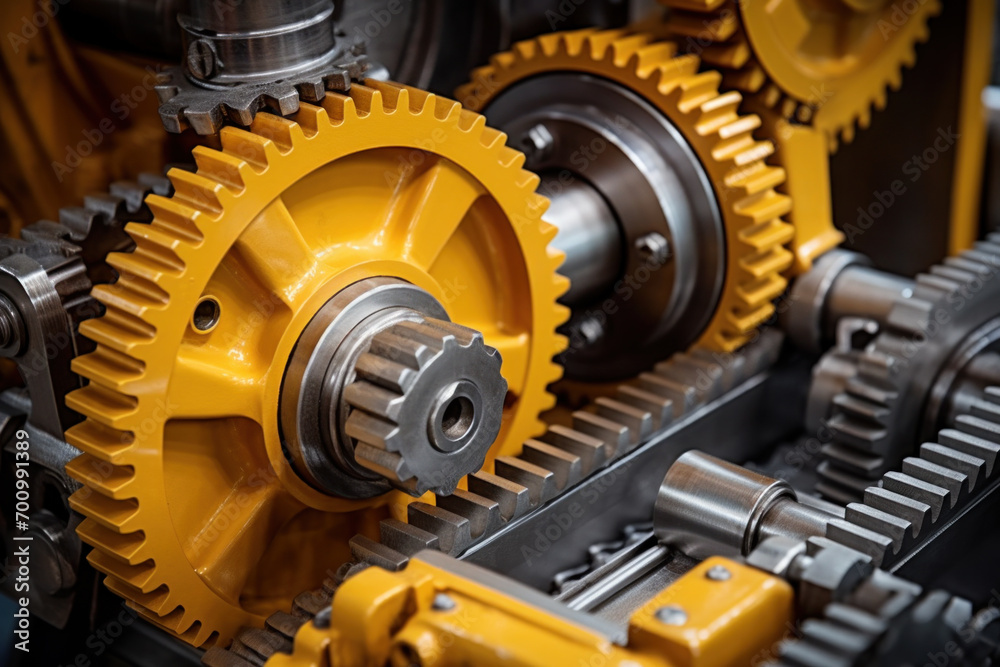 Close-up view of yellow and silver industrial gears and cogs in heavy machinery, highlighting mechanical design. Close-up view of yellow and silver industrial gears and cogs in heavy machinery, highlighting mechanical design.