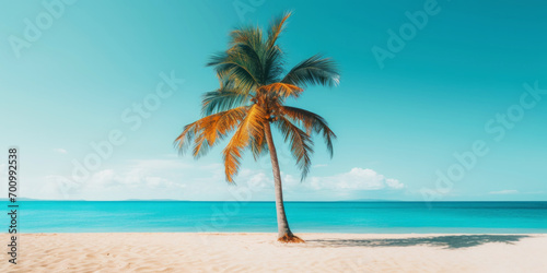 Palm on a sunny tropical sea shore under turquoise sky. Vacation concept. Generative AI