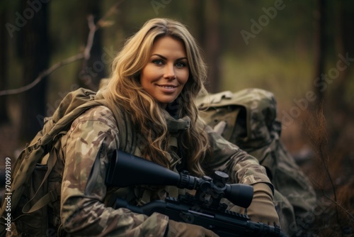 Beautiful young woman in camouflage with a sniper rifle in the forest