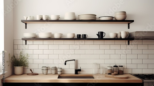 Compact kitchen with open shelving, matte black fixtures, and a subway tile backsplash