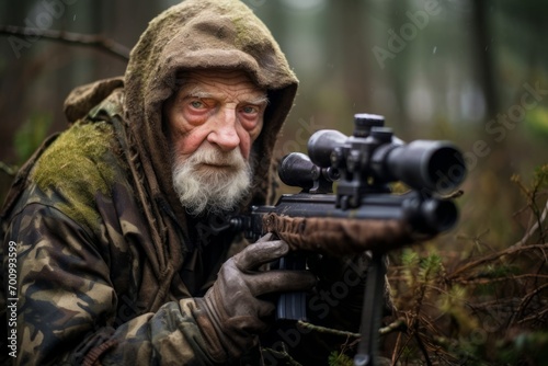 Portrait of an elderly hunter with a gun in the forest.