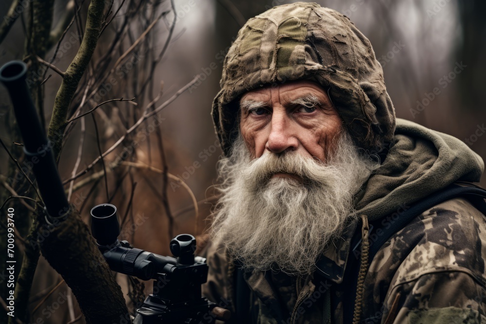 Portrait of an elderly man with a long white beard and mustache in a camouflage jacket with a machine gun in the forest