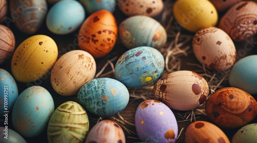 Brightly colored Easter eggs background. Top view.