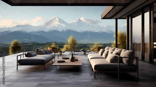 Elevated veranda with a modern lounge area  sleek furniture  and a breathtaking view of the mountains in the distance