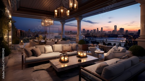 Elevated veranda with a stylish outdoor sectional, decorative lanterns, and a view of the city skyline at dusk