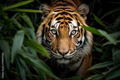 Focus on the intense gaze of a prowling tiger amidst lush foliage © Muh