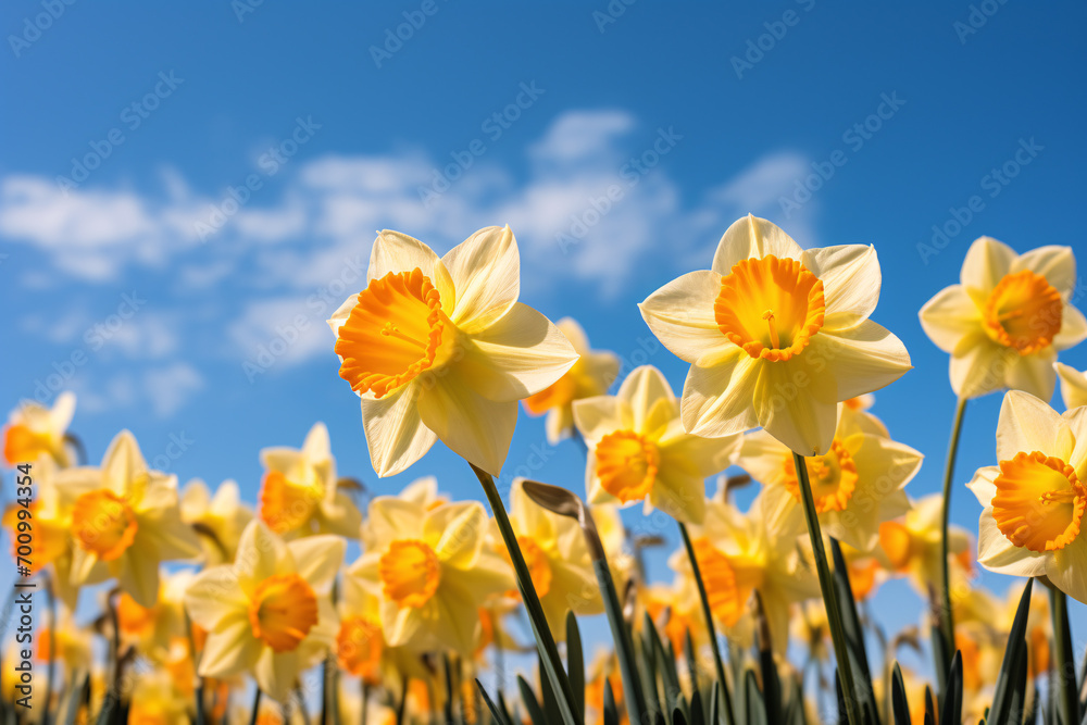 Yellow Daffodil flowers in front of blue sky