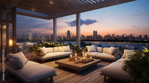 Elevated veranda with a stylish outdoor sectional  decorative lanterns  and a view of the city skyline at dusk