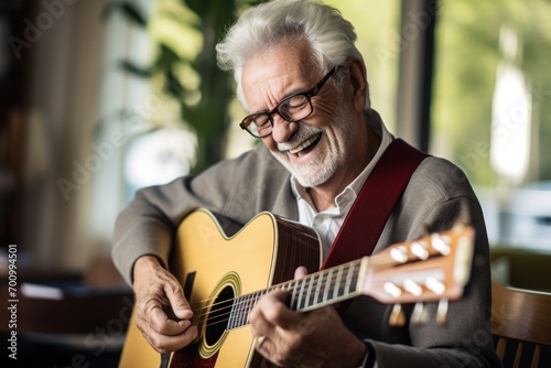 An smilling older person play a guitar