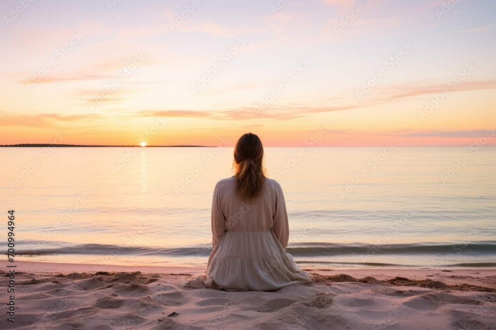 A woman sitting on a pastelcolored beach at sunset