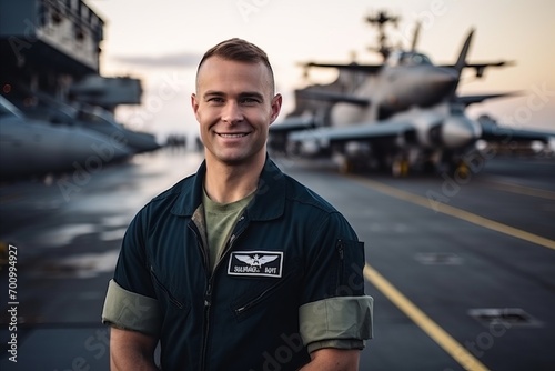Portrait of a handsome pilot standing in front of an aircraft carrier