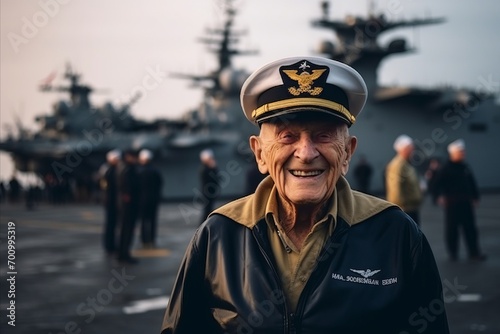 A pilot of the USS Midway in San Diego, California. The USS Midway is an American military aircraft carrier. photo