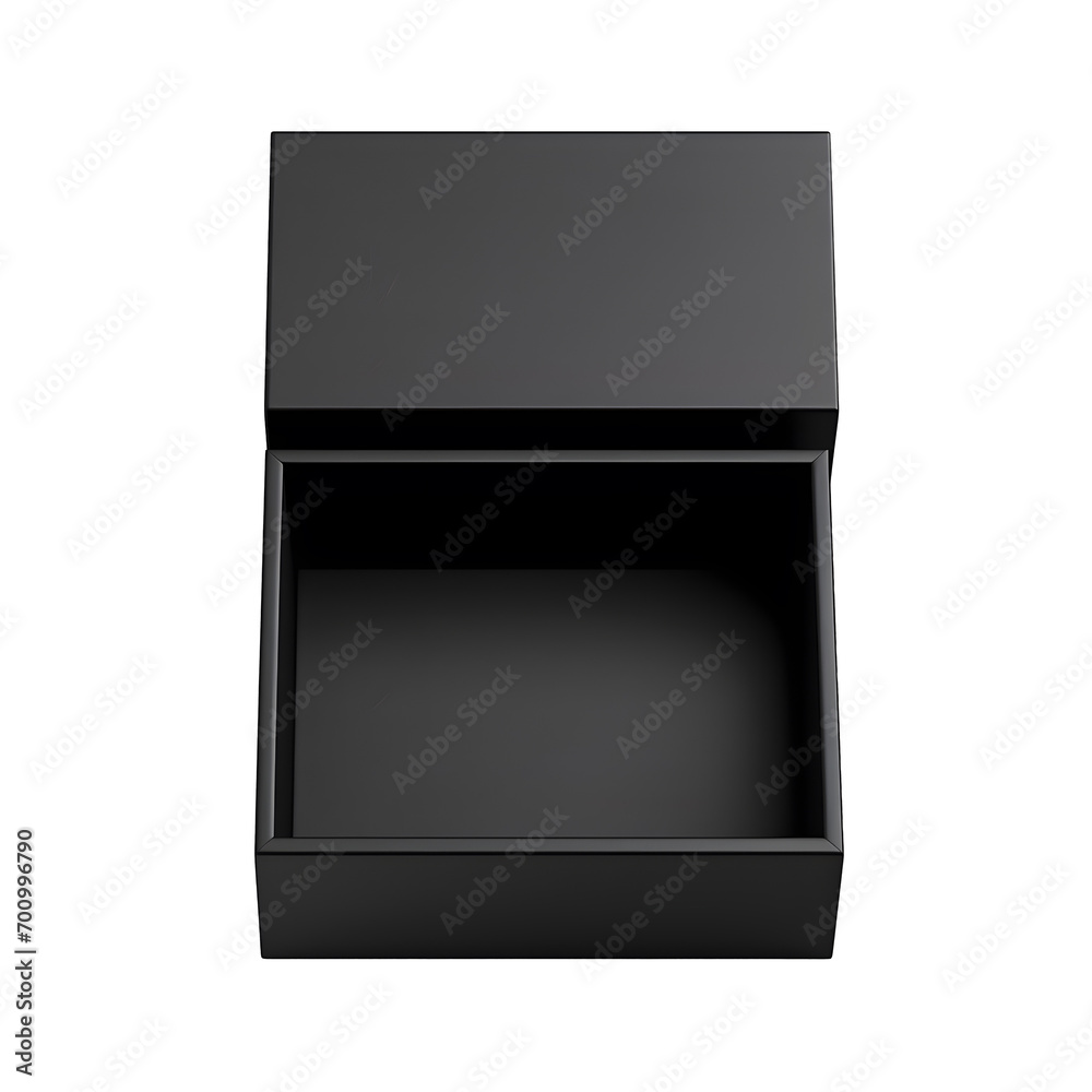Top view of black opened box with empty space for product display. Without background Top view of black opened box with empty space for product display. Without background