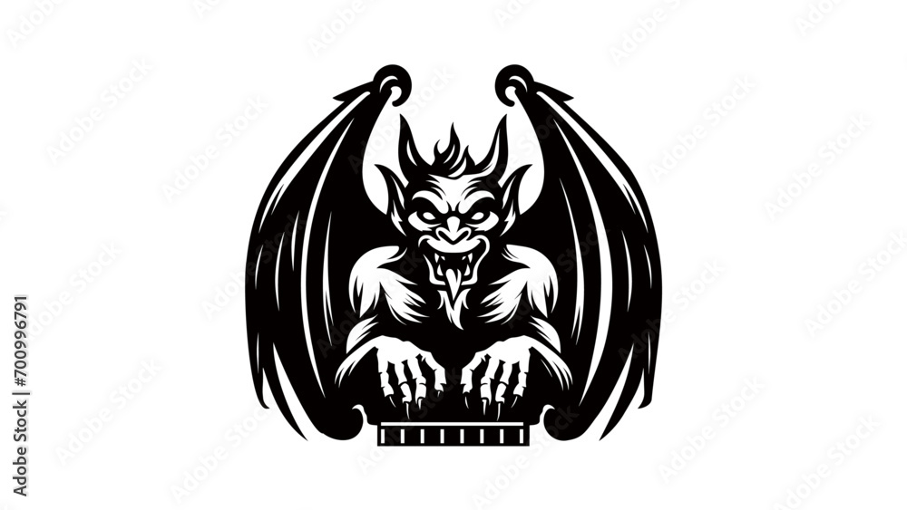 minimal Gargoyle vector drawing- Simple Black gargoyle drawing silhouette with messy hair and tongue out on a White Background