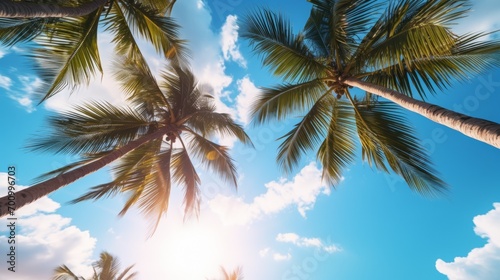 Blue sky and palm trees view from below, tropical beach  © Kate Mova