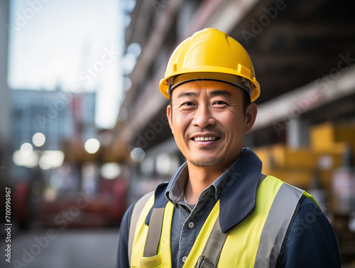 工事現場で働く作業着とヘルメットの作業員・建築・建設・土木・道路工事・男性